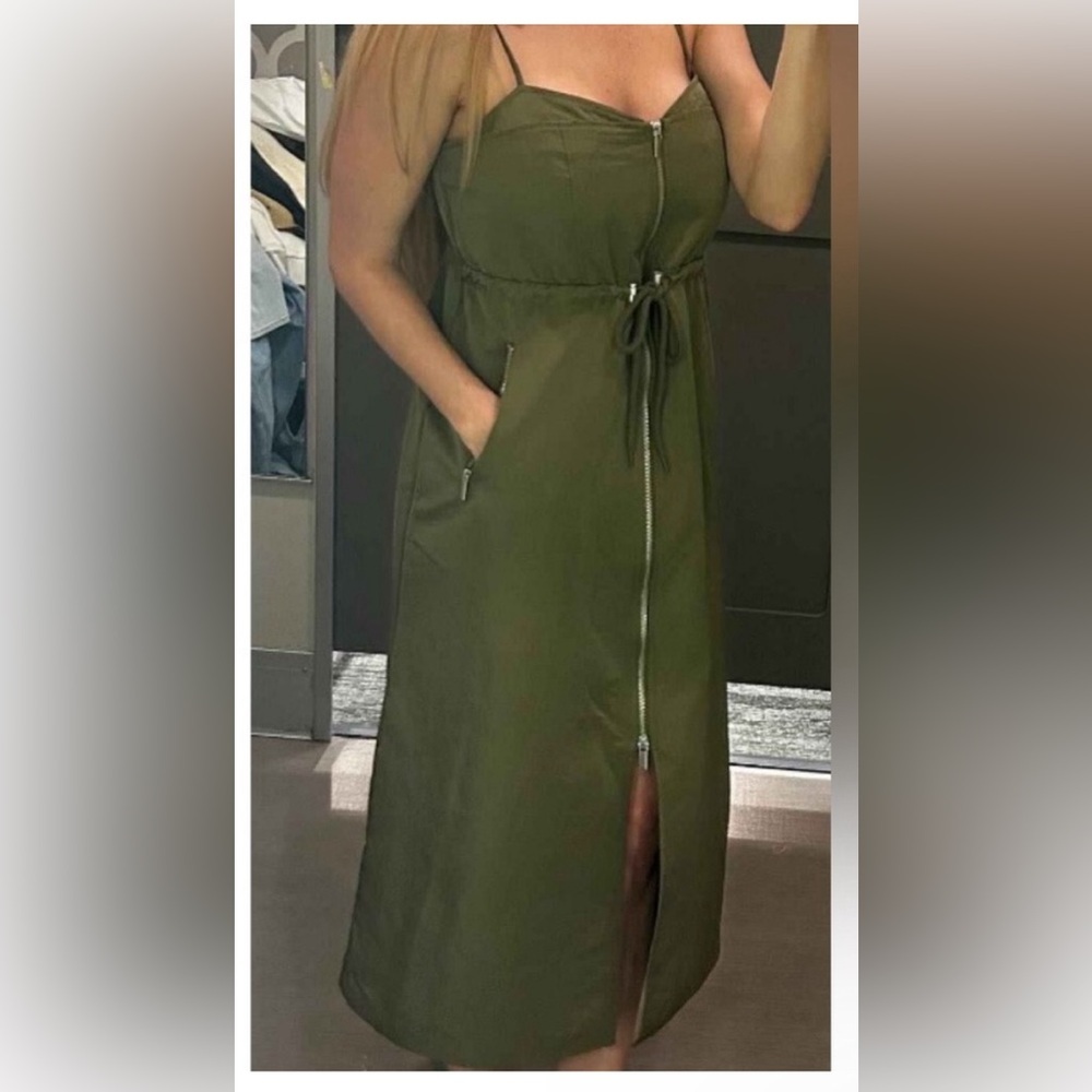 Future Collectives Zip Front Olive Green Midi Dress NWT Size Large - Picture 2 of 9